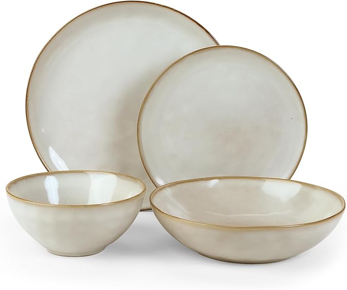 Famiware Ocean Round Plates and Bowls Sets for Kitchen 16-Piece Dinnerware Sets for 4 Reactive Glaze Cappuccino White