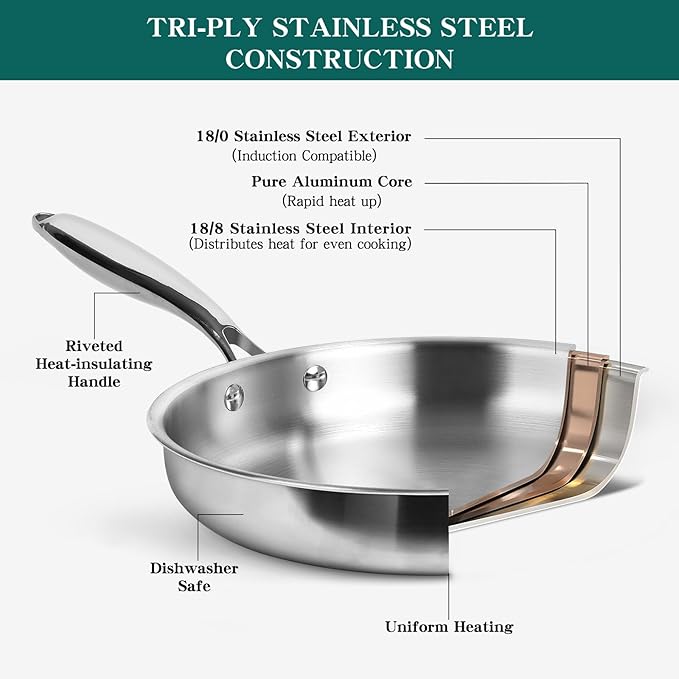 EWFEN Pots and Pans Set 3 Ply 11 Piece Stainless Steel Cookware Set Oven Dishwasher Safe | Induction Compatible Frying Pans Saucepans Saute Pan &amp Stock Pot PFOA Free Kitchen Skillet