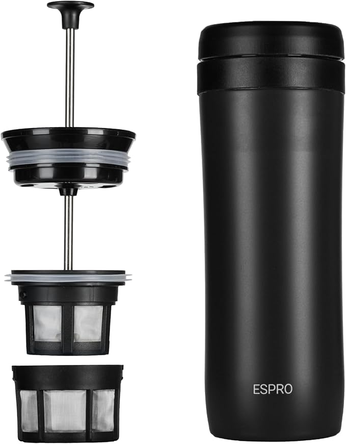 ESPRO P1 12 Ounces French Press Coffee Maker for Travel Double-Walled Stainless Steel Vacuum Insulated Matte Meteorite Black