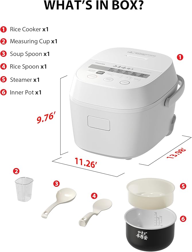 TOSHIBA OriginTaste Rice Cooker 10-Cup Uncooked Fuzzy Logic 15-in-1 Functions Digital Display Delay Timer Keep Warm Nonstick Inner Pot White