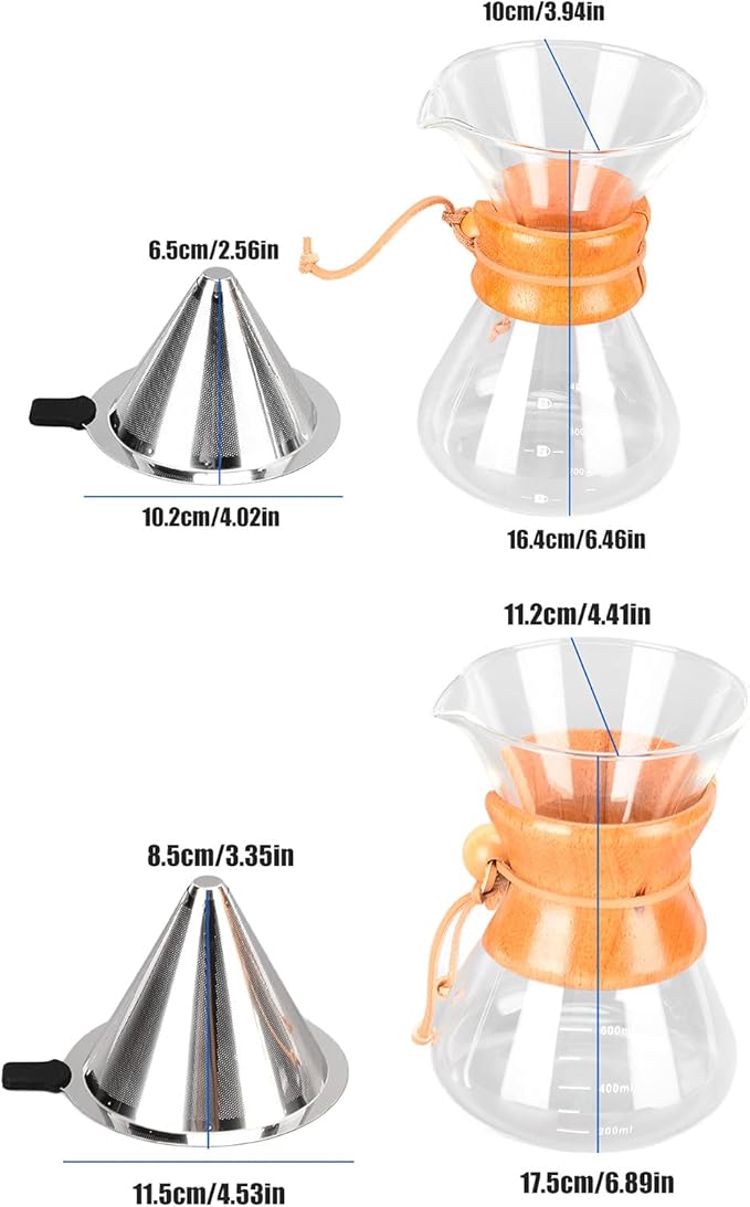 Pour Over Coffee Pot Glass Coffee Kettle Simple Design Drip Coffee Maker Heat Resistance Tea Pot with Resuable Stainless Steel Filter and Capacity Scale for Coffee Lovers (600ml)