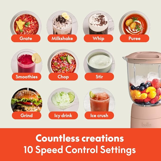 bella 10 Speed Countertop Blender Juicer &amp Smoothie Maker Fits-anywhere™ Kitchenware Slim Flip &amp Store Design Dishwasher Safe 48oz Capacity Pitcher &amp Lid Stainless Steel Blade 450 Wa