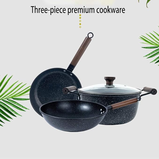 3-Piece Cookware Non-Stick Cookware Wok Frying Pan Soup Pot with Comfortable Handle Suitable for Gas Induction Cooker. Easy to Clean