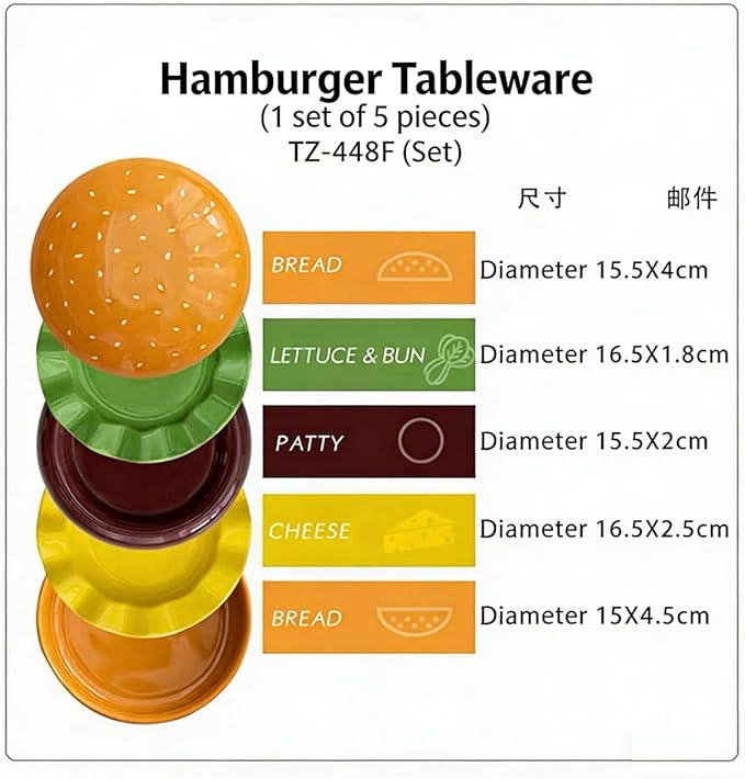 Hamburger Plate Set Ceramic Hamburger Plates And Bowls Sets 5-Piece Novelty Stackable Burger Dinnerware Set Cute Hamburg Style Dessert Plates Dishwasher Safety (Large-6.5x6.5x5.31 in)