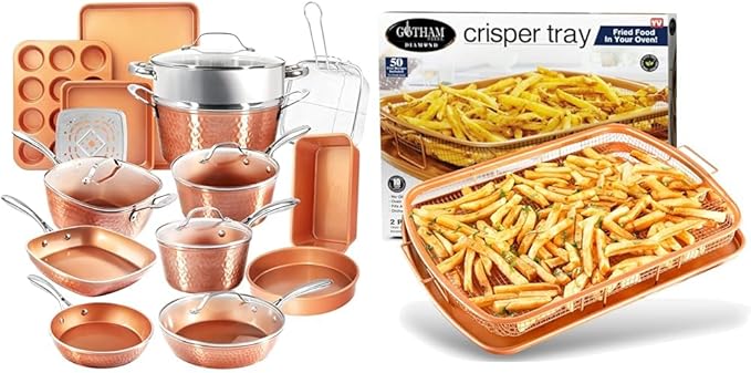 Gotham Steel Hammered Copper Collection – 20 Piece Premium Pots and Pans Set &amp Air Fryer Basket for Convection Oven 2 Piece Nonstick Copper Crisper Tray