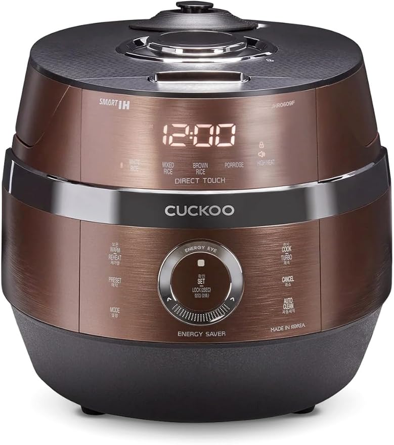 CUCKOO High Pressure Rice Cooker 6-Cup Uncooked / 12-Cup Cooked with Induction Heating Technology Versatile Rice Maker with 16 Menu Options and Steam Plate Voice Guide Copper (CRP-JHR0609F)