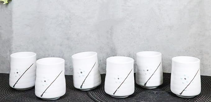 Ebros Gift Modern Yukino Hana Snow Flowers Ceramic Dinnerware Serveware Kitchenware Set Oriental Asian Restaurant Supply (Pack Of 6 Reactive Glaze Tea Cups 9oz)