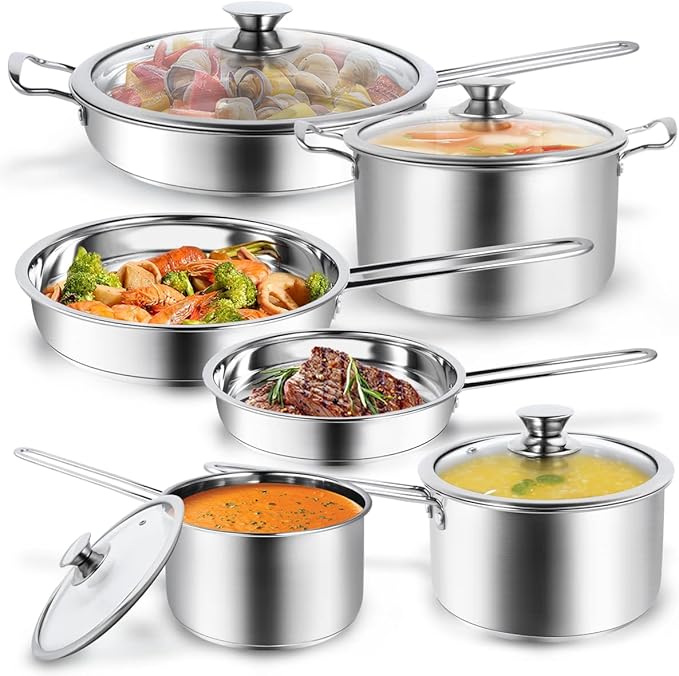 Aufranc 10-Piece Pots and Pans Set Stainless Steel Cookware Set- Includes Ergonomic Handle Saucepans Skillets Dutch Oven Stockpot Steamer &amp More - Premium Pots and Pans for Home Chefs