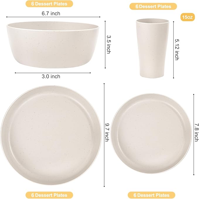 EI 24pcs Wheat Straw Dinnerware Set Beige Wheat Straw Plates Reusable Unbreakable Plates for Camping Picnics &amp Family Dinners