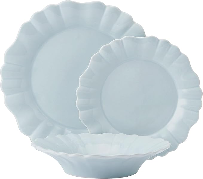 Pfaltzgraff Graceful Petals 12 Piece Stoneware Dinnerware Set Service for 4 Scalloped Plates Bowls for Everyday Use Blue