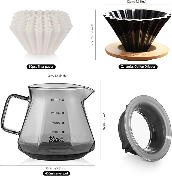 Bincoo 400ML Pour Over Coffee Maker Set with Filter PaperCeramic Coffee Dripper with Wood Stand Set for 1-2 Cups-Professional Brewing Tools for Pour Over &amp Drip for Home Office (Black)