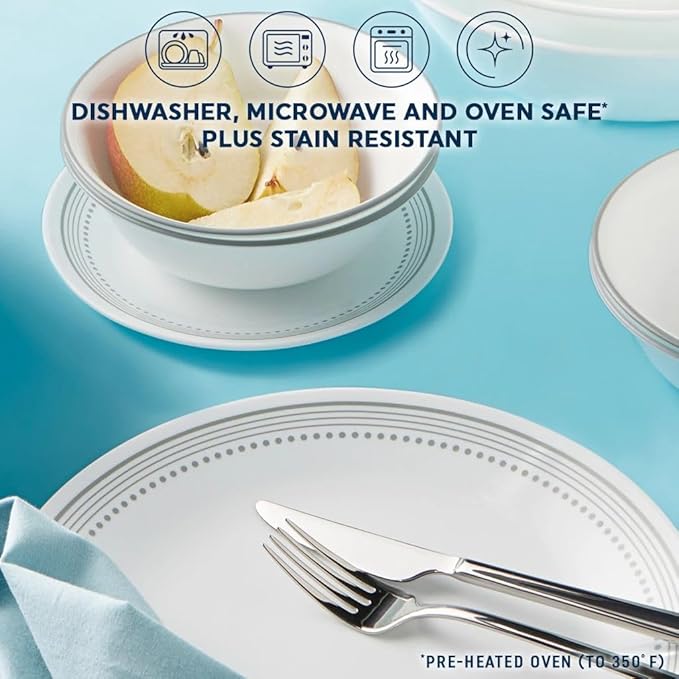 Corelle Vitrelle 18-Piece Service for 6 Dinnerware Set Triple Layer Glass and Chip Resistant Lightweight Round Plates and Bowls Set Mystic Gray