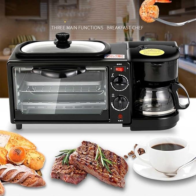 Breakfast Station 3-in-1 with Coffee Maker Non-Stick Griddle &amp 4-Slice Toaster Oven - Versatile Kitchen Appliance for Apartments and Kitchenettes