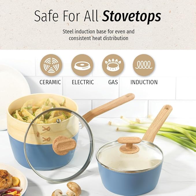 GoodCook 10-Piece Healthy Ceramic Titanium-Infused Cookware Set Light Blue – Pots Pans Steamer Spoon &amp Turner – Induction Cookware Kitchen Pots &amp Pans Set Nonstick Cooking Pan Set