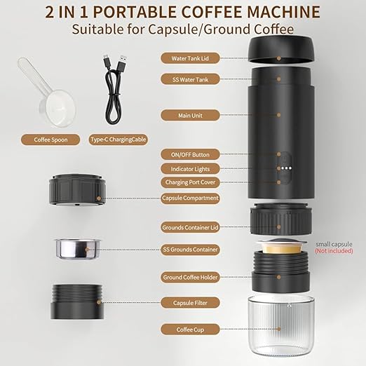 Aboiled Portable 2-in-1 Espresso Machine - Travel Coffee Maker Coffee Powder &amp Capsules