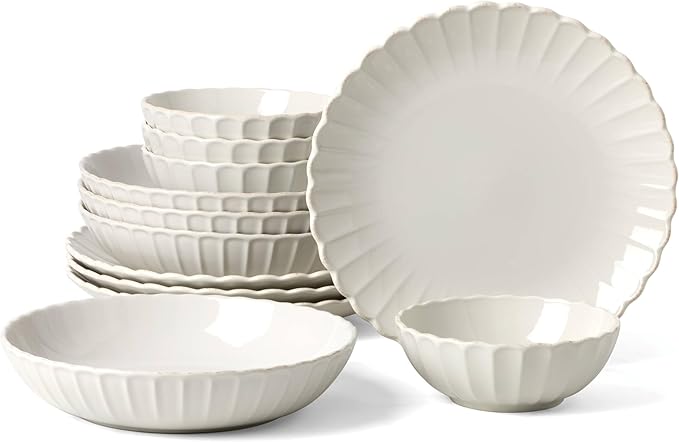 Lenox Dinnerware Set French Perle Scallop White 12-Piece Set Service For 4 Stoneware Dishwasher Safe Microwave Safe Plates and Bowls sets Dish Set Plate Set Home And Kitchen (White 12 Piece)