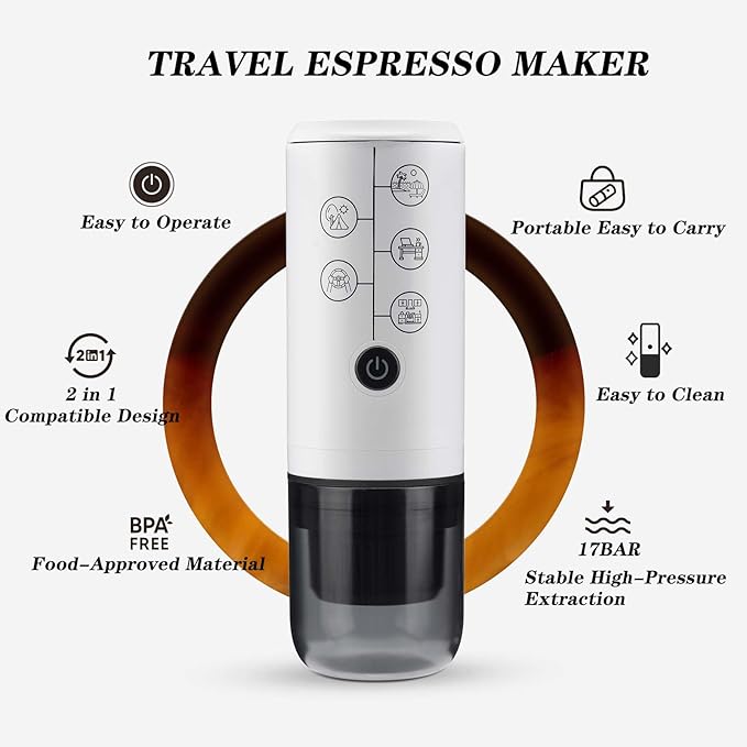 Portable Espresso Machine 17 Bar Mini Coffee Maker Travel Coffee Maker for Camping Compatible with Nes Series Capsules and Ground Coffee Electric Espresso Maker (A-White)