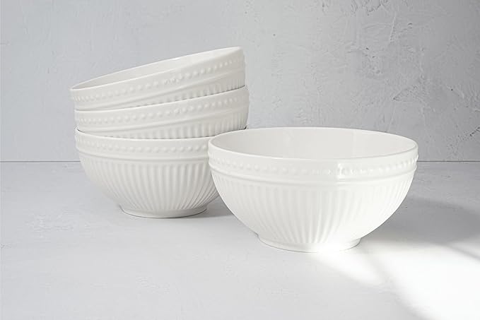 New Bone China 12 Piece Dinnerware Set Santorini Collection (Bloom) White Daily Use China Embossed Tableware Service for 4