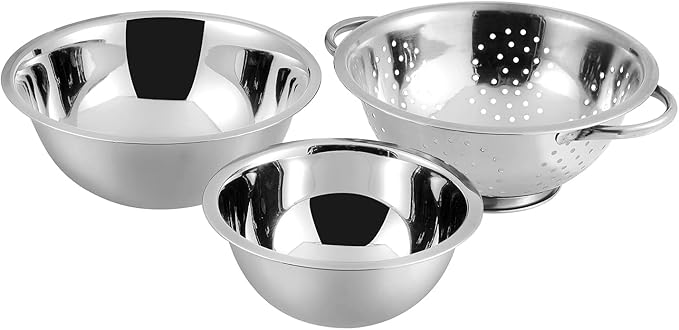 Vinod Stainless Steel Cookware Set 11-Piece Kitchen Starter Set Includes Mixing Bowls Set Stainless Steel Colander| Kitchen Food Strainer 4-Side Grater Serving Spoons Ladle &amp Utility Tongs