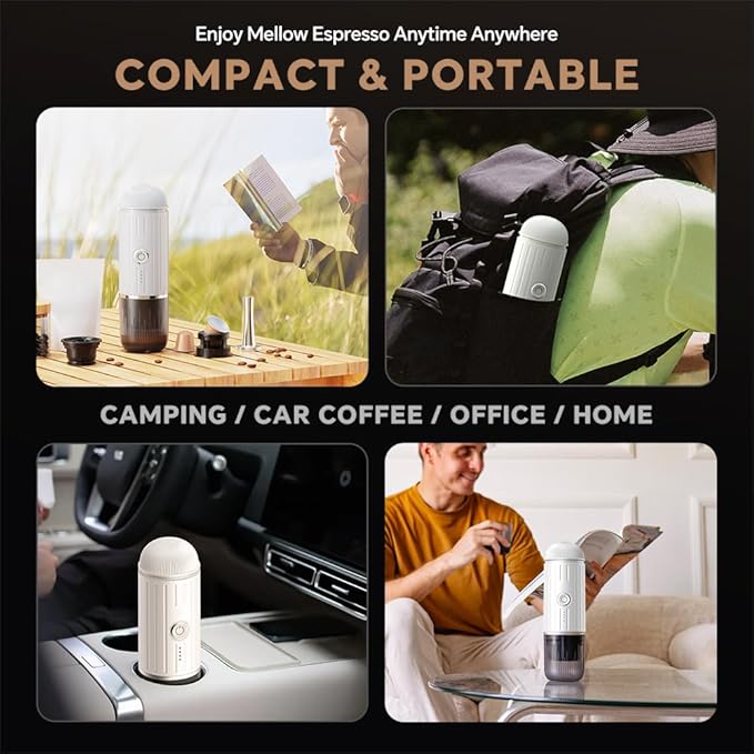 BENFUCHEN Portable Electric Espresso Machine Travel Coffee Maker for Camping On the Go Car Coffee Maker Self-Heating with USB-C With Ground Coffee &amp N Espresso Capsule for RV/Hiking/Office Whi