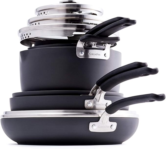 GreenPan Levels Stackable Hard Anodized Healthy Ceramic Nonstick 11 Piece Cookware Pots and Pans Set PFAS-Free Dishwasher Safe Black