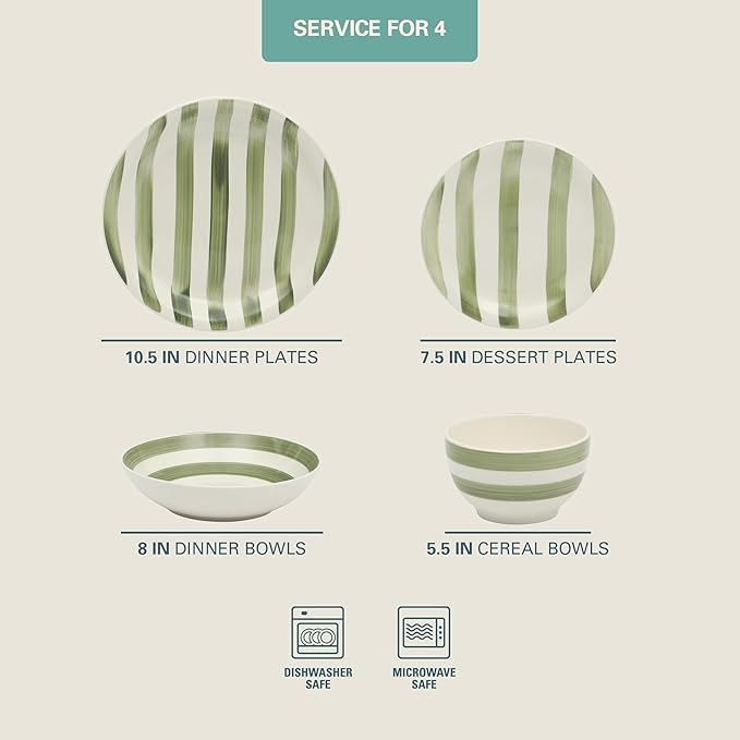 Gibson Home Kenwood Shores 16 Piece Dinnerware Set Green Striped Hand-Painted Stoneware Plates and Bowls Service for 4 Microwave &amp Dishwasher Safe