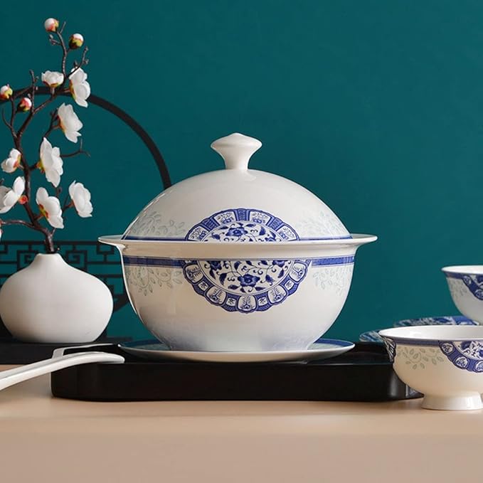 Creativity Ceramic Dinner Plate Sets 58 Piece Dinnerware Set Service for 6-8 Blue and White Pattern Bone China Bowls and Dish Set