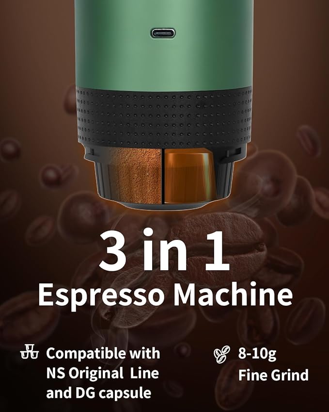 Portable Electric Espresso Machine Car Coffee Maker for Travel Camping Battery Powered Coffee Brewer Compatible with Ground Coffee &amp NS Capsules Green