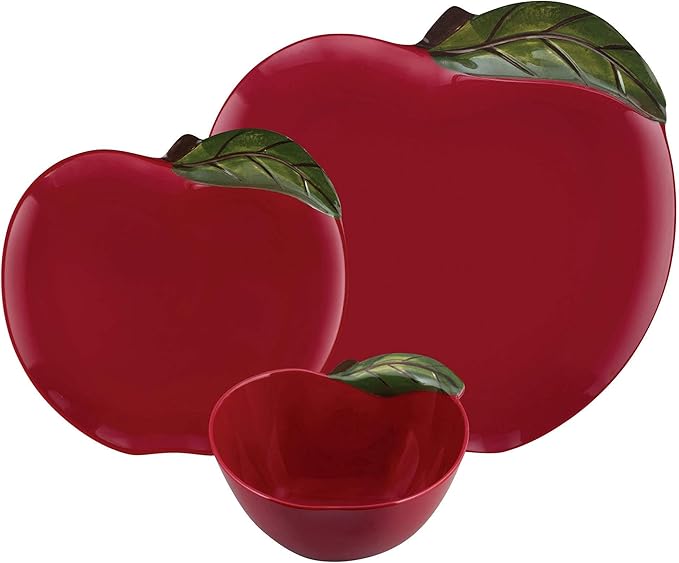 UPware 12 Piece Apple Melamine Dinnerware Sets Outdoor Dishes Set Plates and Bowls Sets Service for 4 Red