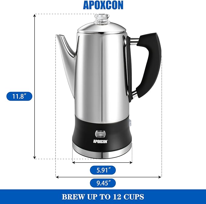 Electric Coffee Percolator Stainless Steel Coffee Maker with Clear Brew Progress Tough Glass Knob and On/OFF Switch Classic Coffee Pot with Keep Warm &amp Cordless Serve No Aluminum (12 Cup)