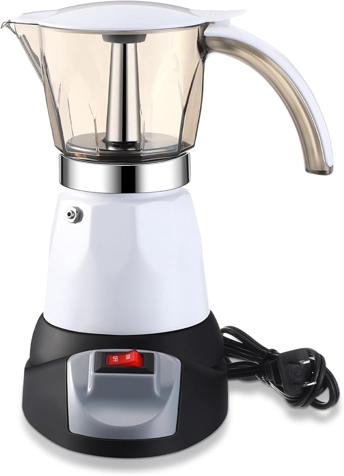 Electric Espresso Maker Transparent Coffee Maker Electric Moka Pot Portable Aluminum Espresso Machine Italian Moka Pot with Detachable Base Coffee Gift for Women Men Home Travel (White6 Cup)
