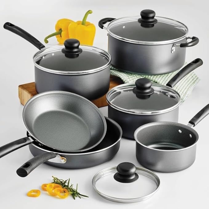 10-Piece Non-Stick Cookware Set with Non-Scald Handles and Tempered Glass Lids for Gas Electric and Ceramic Glass Cooktops Gray