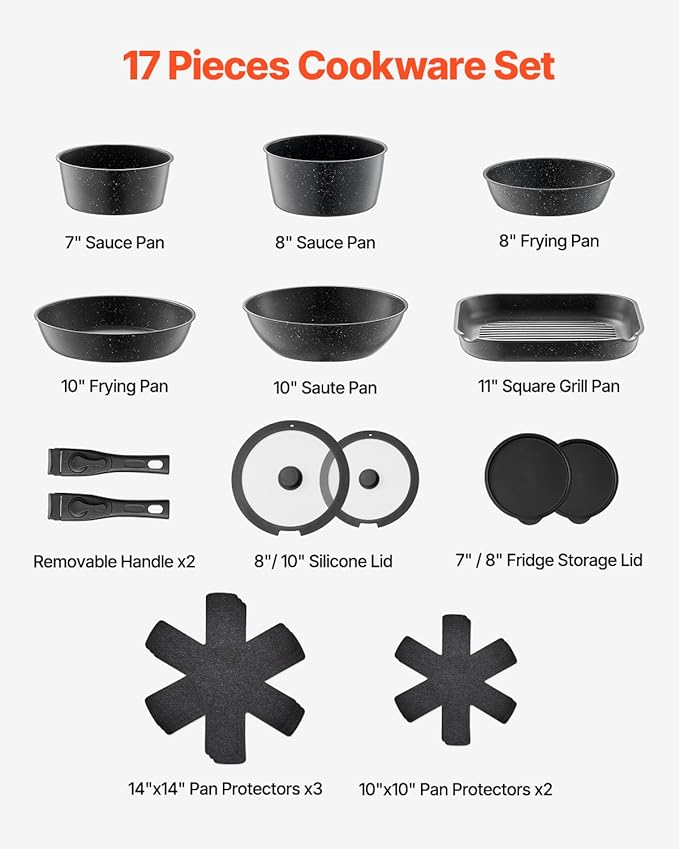 VEVOR 17 Piece Pots and Pans Set Granite Nonstick Detachable Handle Cookware Space Saving Induction Cookwares Kitchen RV Cooking Sets with Frying Sauce Saute Tempered Glass Lid Oven Safe Black