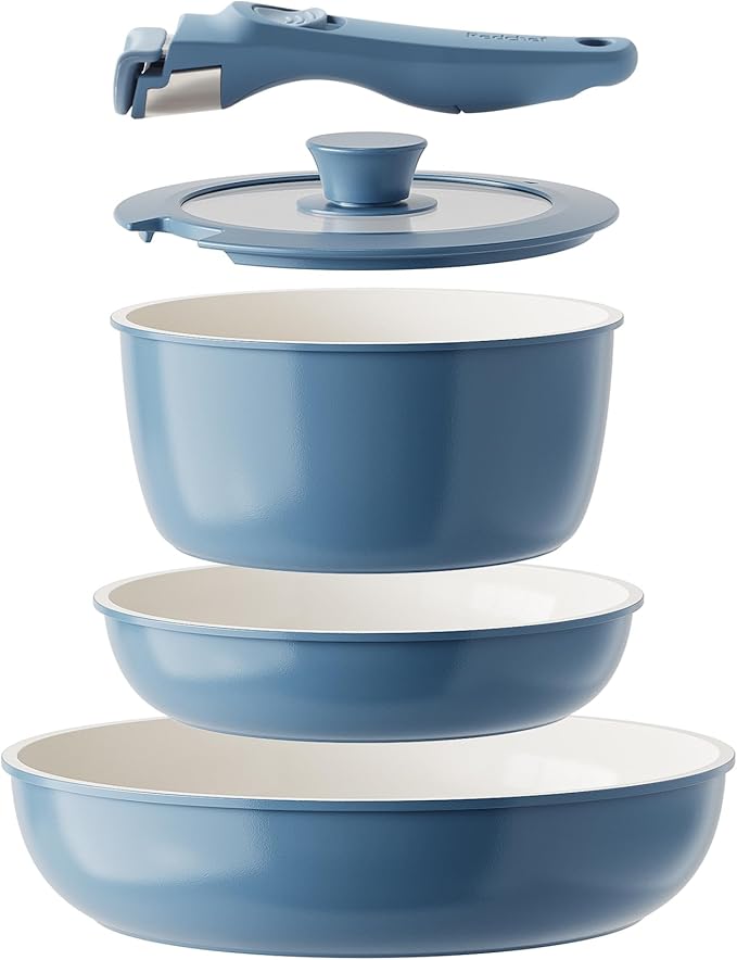 Redchef 6pcsCeramic Cookware Set Removable Handle Pots And Pans Non Stick Rv Cookware Set Non Toxic Pots And Pans Set No PFAS &amp PTFE &amp PFOA Detachable Pots And Pans Dishwasher &amp Oven