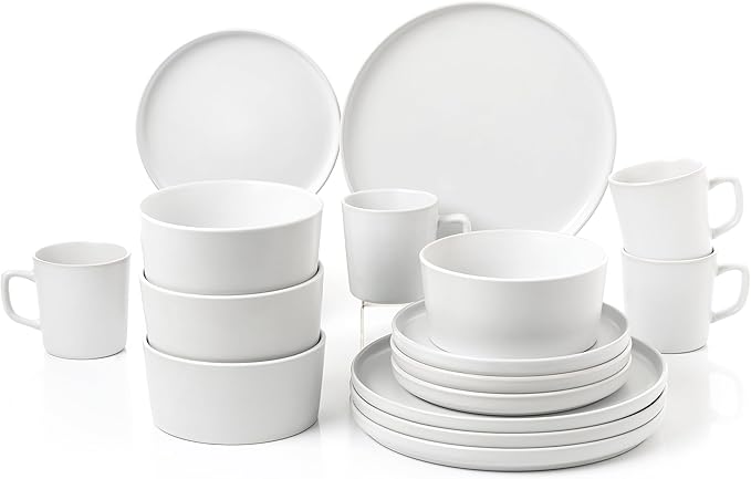 Lorren Home Trends White Stoneware Dinnerware Set 16 Piece Service for 4 Microwave and Dishwasher Safe