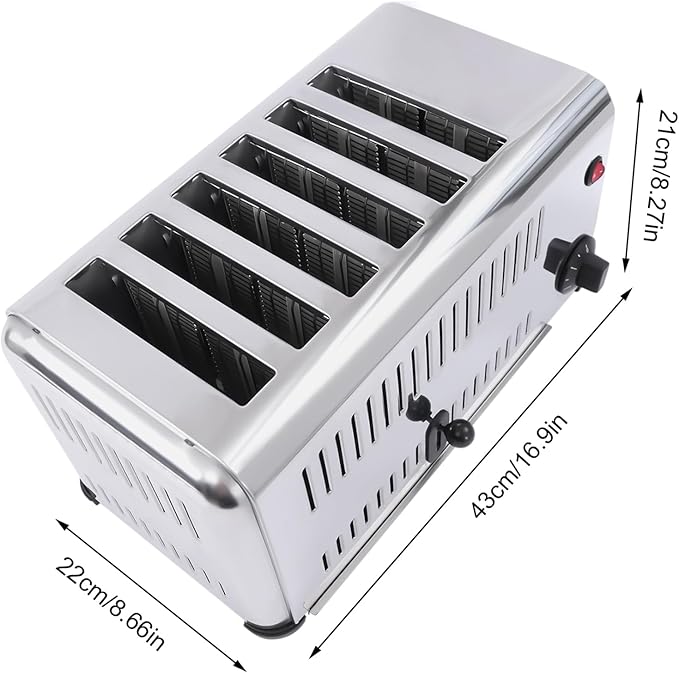 6 Slice Toaster Stainless Steel 110V 1680W Electric Commercial Bread Toaster Bagel Toaster 6 Slot Wide Metal Toaster Bread Baking Machine Suitable for Restaurant House Use