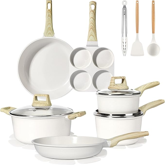 GiPP Ceramic Pots and Pans Set Non Stick - 17 Pcs Nonstick Cookware Set Non-toxic Healthy Kitchen Cooking Set/Frying Pans Set Dishwasher Safe PFAS PTFE PFOA PFOS Free Cream White