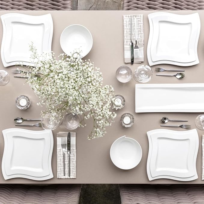 Villeroy &amp Boch New Wave 4-Piece Place Setting Dinner Salad Plate Bowl and Mug – Premium Porcelain Dinnerware White