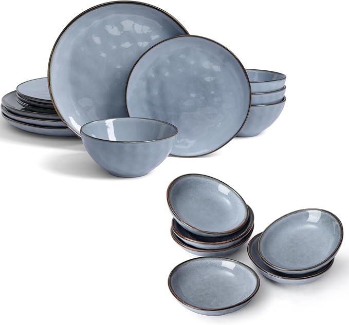 Famiware Ocean Round 12 Pieces Dinnerware Set + 6 Pieces Dipping Bowl Set Microwave and Dishwasher Safe Blue