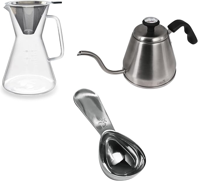 The London Sip Pour Over Coffee Maker Set Includes Stainless Steel Gooseneck Kettle 1200ml Glass Carafe with Reusable Stainless Steel Filter and 2 Tablespoon Coffee Scoop