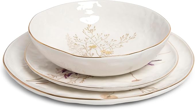 Sango 12-Piece Luxury Porcelain Dinnerware Set for 4- Glossy White Plates and Bowls Sets with Wildflower Patterns and Gold Rims Ceramic Dish Set Elegant Dishes for Everyday Dining Gansevoort