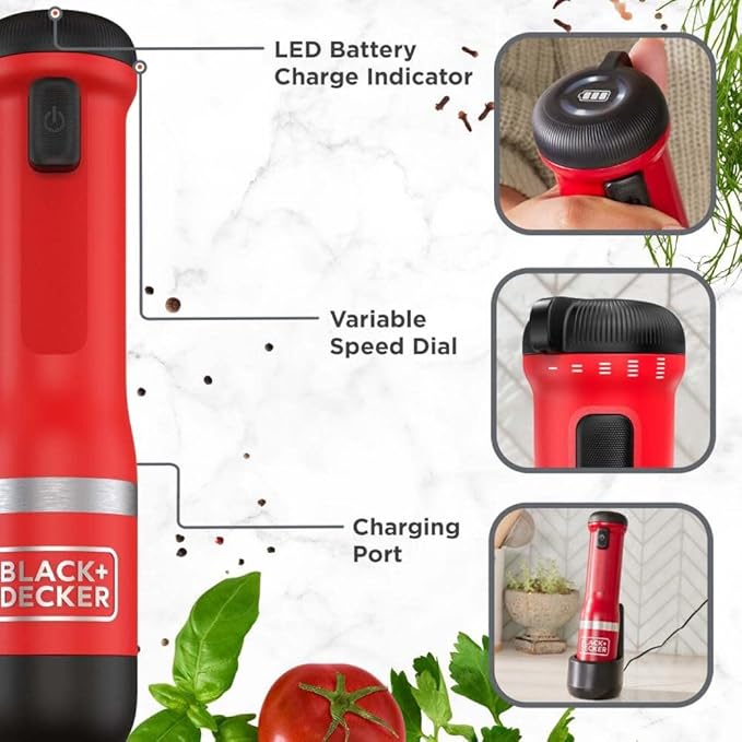 BLACK+DECKER Kitchen Wand Cordless Immersion Blender 6 in 1 Multi Tool Set Hand Blender with Charging Dock Red (BCKM1016KS06)