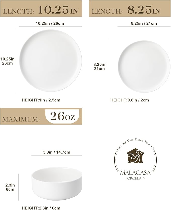 MALACASA Plates and Bowls Sets 24 Pieces Modern Porcelain Dinnerware Set for 8 Ceramic Dishware Dishes White Kitchen Dinner Dining Ware Set Microwave and Dishwasher Safe Series LUNA