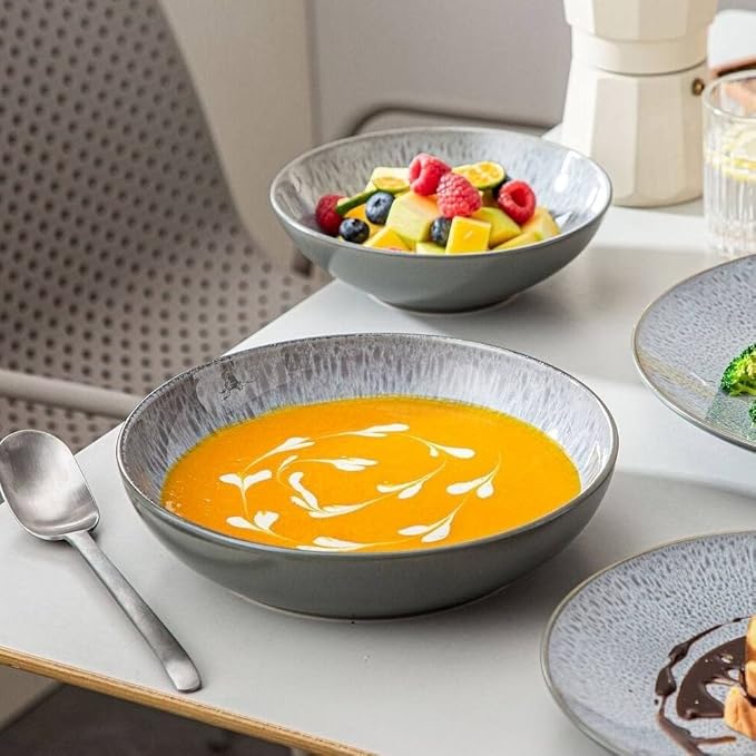 Sophisticatedly Crafted Gray 16 Piece Stoneware Dinnerware Set for 4 | Elegant Dual Glaze Finish With Glossy Interior &amp Matte Exterior | Highly Durable Dishwasher &amp Oven Safe | Pretty Smooth T