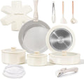 Chef Power Ceramic Nonstick Pots and Pans Set 19 Piece with Detachable Handle Induction Dishwasher Oven Safe Cookware Set RV Kitchen Set Removable Handle Granite Grey and White