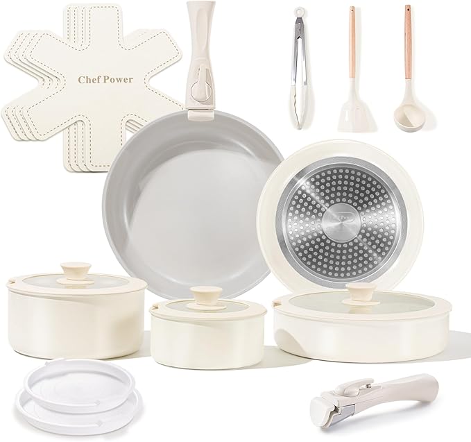 Chef Power Ceramic Nonstick Pots and Pans Set 19 Piece with Detachable Handle Induction Dishwasher Oven Safe Cookware Set RV Kitchen Set Removable Handle Granite Grey and White