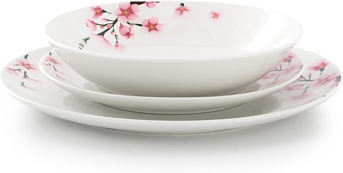 Elama Tamara 18 Piece Cherry Blossom Porcelain Dinnerware Set Service for 6 in White and Pink