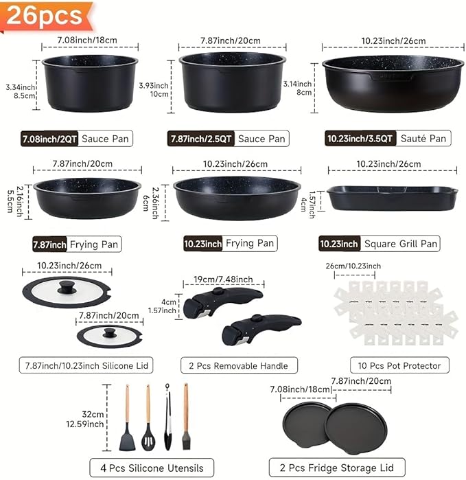 JEETEE Pots and Pans Set Non Stick 26pcsRemovable HandleInduction Kitchen Cooking SetsNonstick Cookware Sets with Detachable Handle - Kitchenware for Your Home Cooking NeedsPFOA Free (black)