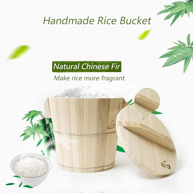 Kitchen Steam Rice Wood Bucket with Anti-Scald Handle Flat Lid And Scoop Bucket Steamed Rice Barrel Restaurant Steamer Rice Cask for Asian Cooking(Fir)