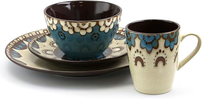 Round Stoneware Dinnerware Set - 16 Piece Tan &amp Blue Clay Heart Design Service for 4 Microwave &amp Dishwasher Safe